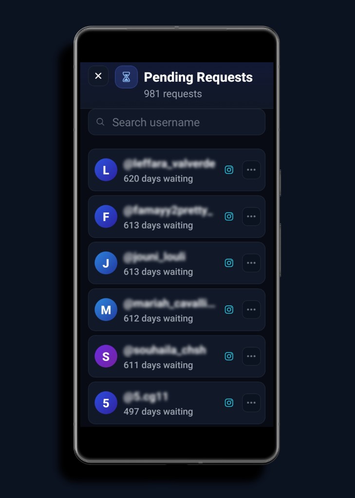 Follinfo pending follow requests list showing how long requests have been waiting
