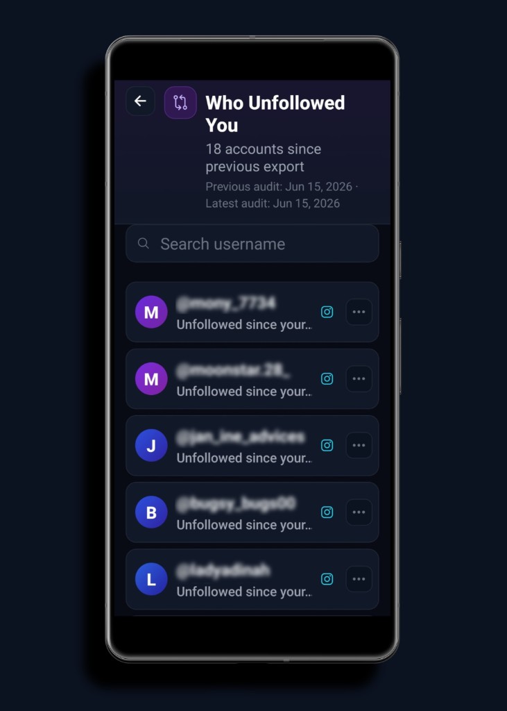 Follinfo Who Unfollowed You list since your previous Instagram export